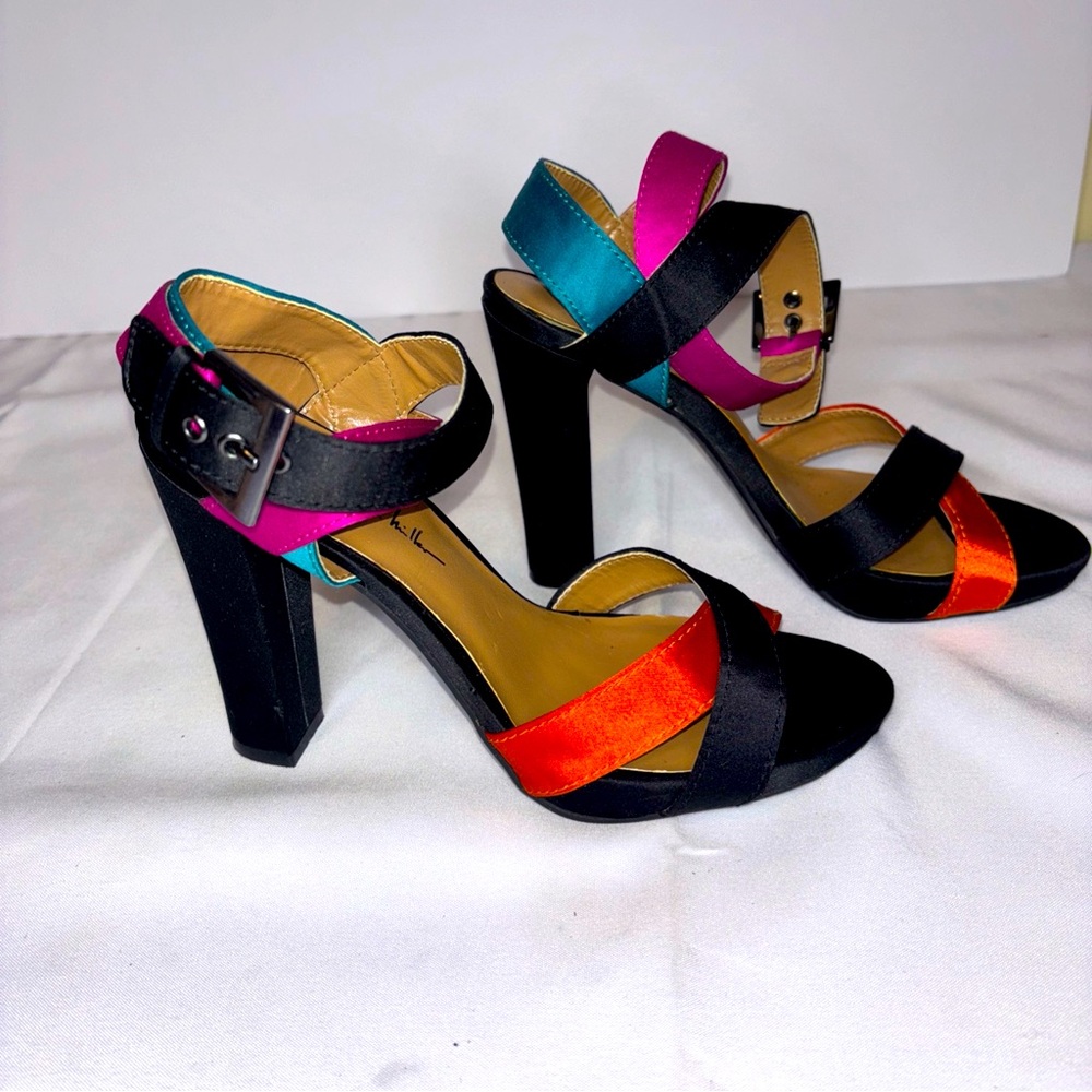 N by Nicole Miller Multicolor Strappy Sandals Block Heels Womens Size 7.5